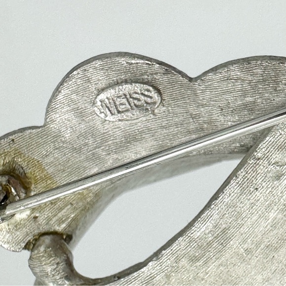 Weiss Signed Vintage Blue Glass Bead Line Silver Leaf Brooch Pin - Picture 4 of 6